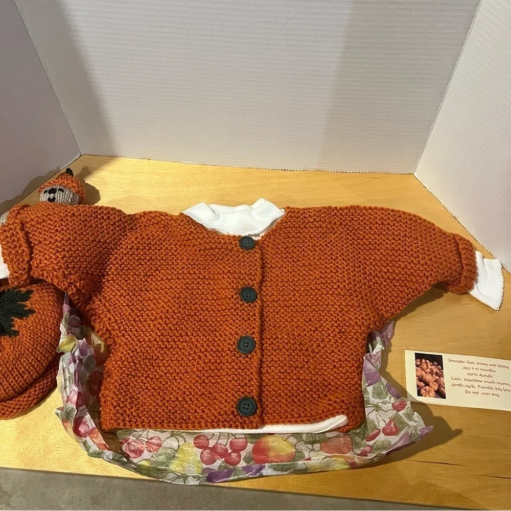 Baby Knit Orange Pumpkin Hat Sweater Bodysuit Set 9-12 Months Photo Prop Outfit